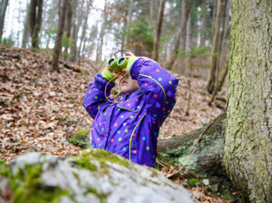 Mädchen mit Fernglas im Wald
