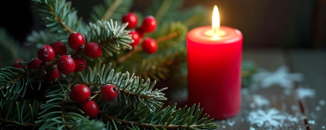 Kerze neben Tannenzweig